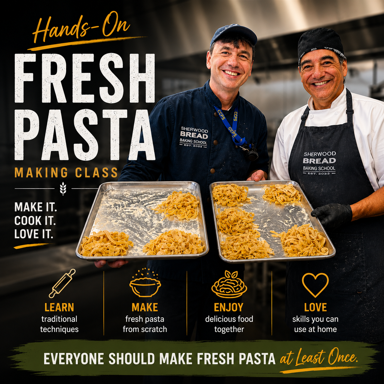 Cooking class in Albuquerque featuring Chef Steve Meyer teaching fresh pasta making at Sherwood Bread.