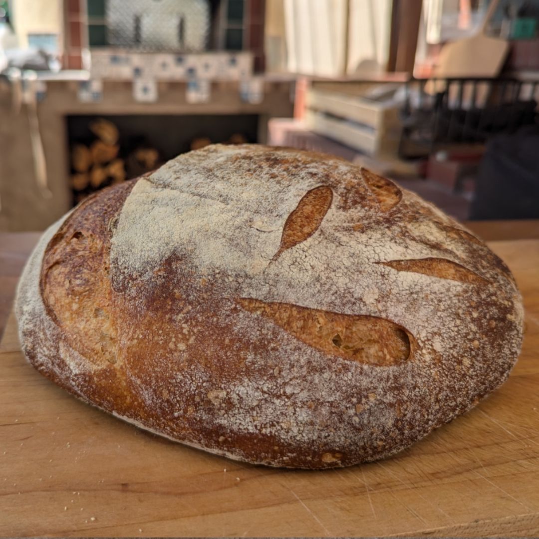 Freshly baked sourdough loaf with a golden, crisp crust.